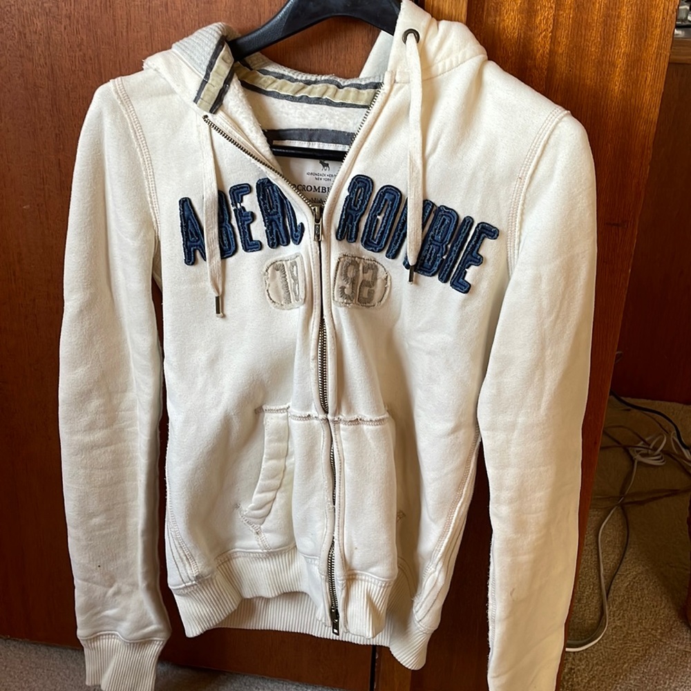 Abercrombie white hoodie with blue stitched writing